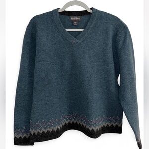 Woolrich Women’s Wool Sweater Size L Teal V-Neck Fair Isle Hem Outdoor Cozy